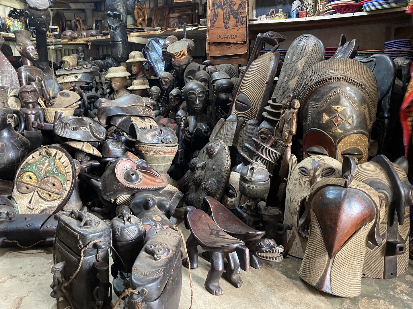 wooden african masks inside a shop